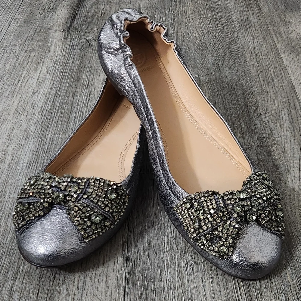 Tory Burch Mettalic Eddie Ballet Flats‎ With Crystal Bow